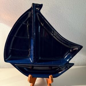 COPY - Baum Bros. Style Eyes, Blue sailboat divided dish. 11”x12”